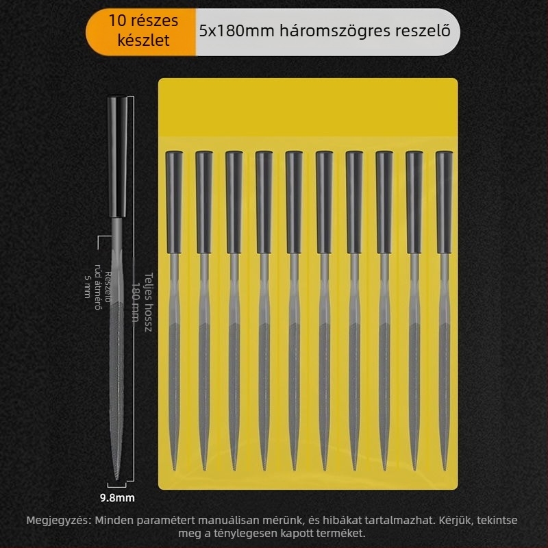 Különféle reszelőket tartalmazó készlet formázáshoz és polírozáshoz: kis sík, félkör és háromszög profilú eszközök fa- és fémmunkákhoz