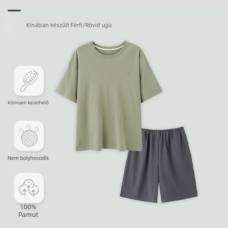 100% pamut férfi pizsama — könnyű nyári hűsítő, rövid ujjú felső és rövidnadrág, alap otthoni viselet (Plusz méret)