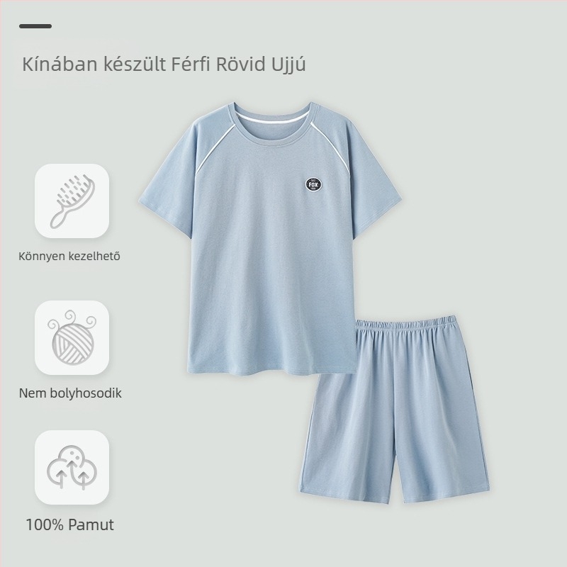 100% pamut férfi pizsama — könnyű nyári hűsítő, rövid ujjú felső és rövidnadrág, alap otthoni viselet (Plusz méret)