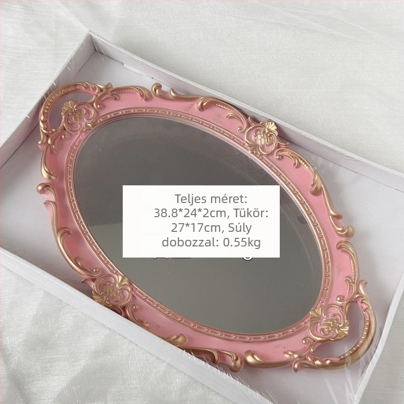 Francia stílusú fehér tükörrel ellátott teás tálca, retro kinézetű, relifes tükrökkel, rózsaszín akcentusok és arany tónusú részletek, ékszerek fotózásához