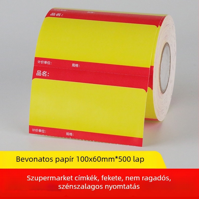 Szupermarket polcokra készült árjelző papír – fekete címke, modell 10060, piros és sárga, levehető ragasztóval, bevont papír