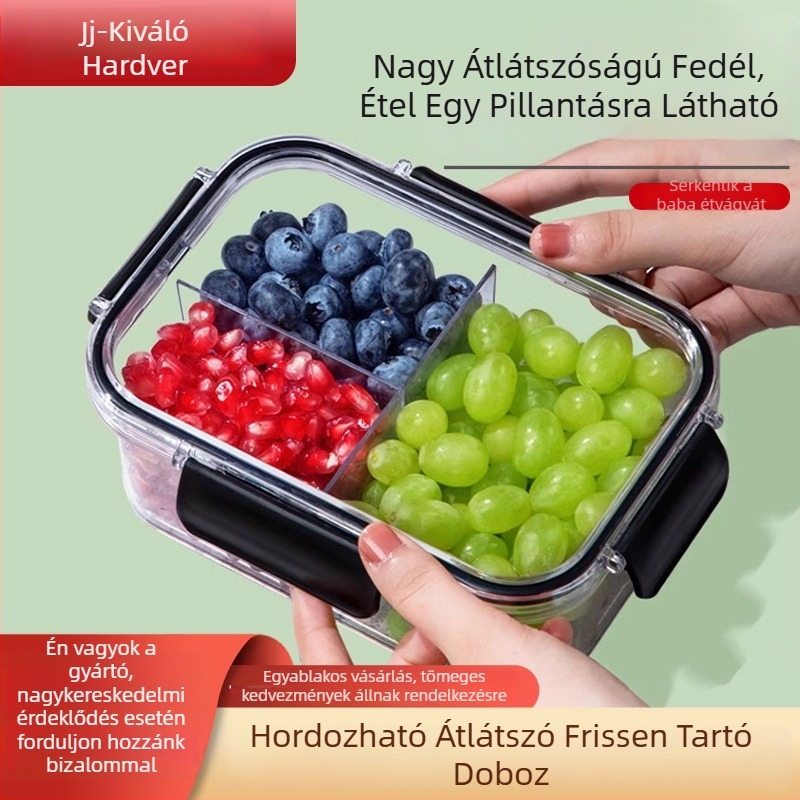 Átlátszó, élelmiszerbiztonságos, hordozható ebédes doboz rekeszekkel, gyümölcs és étel tárolásához