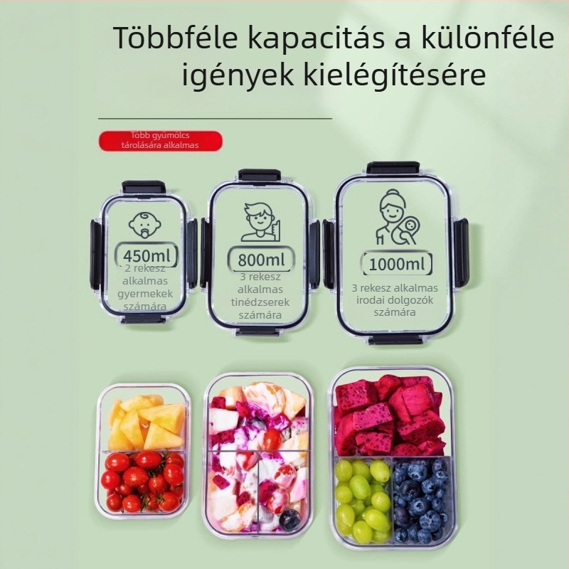 Átlátszó, élelmiszerbiztonságos, hordozható ebédes doboz rekeszekkel, gyümölcs és étel tárolásához