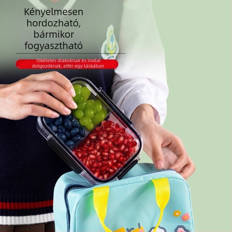 Átlátszó, élelmiszerbiztonságos, hordozható ebédes doboz rekeszekkel, gyümölcs és étel tárolásához