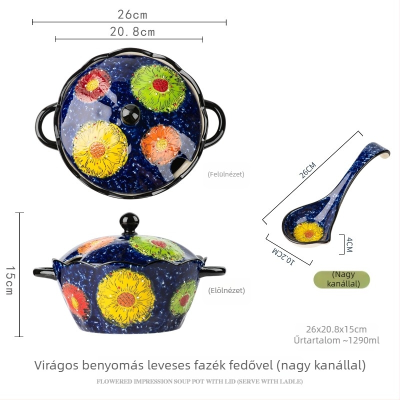 Bohemiai etno stílusú virágos kerámia étkészlet, kézzel festett, glazúr alatti technikával, háztartási használatra; tartalmaz nagy leveses tálakat és kanálakat