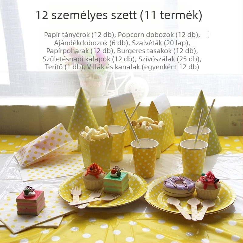 12 darabos egyszer használatos papírtál és pohár gyerekzsúrhoz, sárga pöttyös mintával, átmérő 23 cm, két rétegű