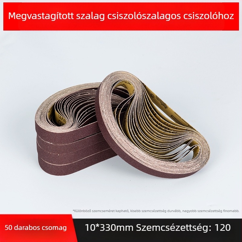 Csiszoló szalag a csiszoláshoz és polírozáshoz, barna korundum, méretek 330×10 mm és 520×20 mm, fémhez és fához