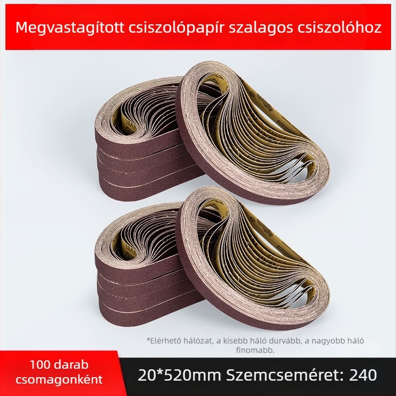 Csiszoló szalag a csiszoláshoz és polírozáshoz, barna korundum, méretek 330×10 mm és 520×20 mm, fémhez és fához