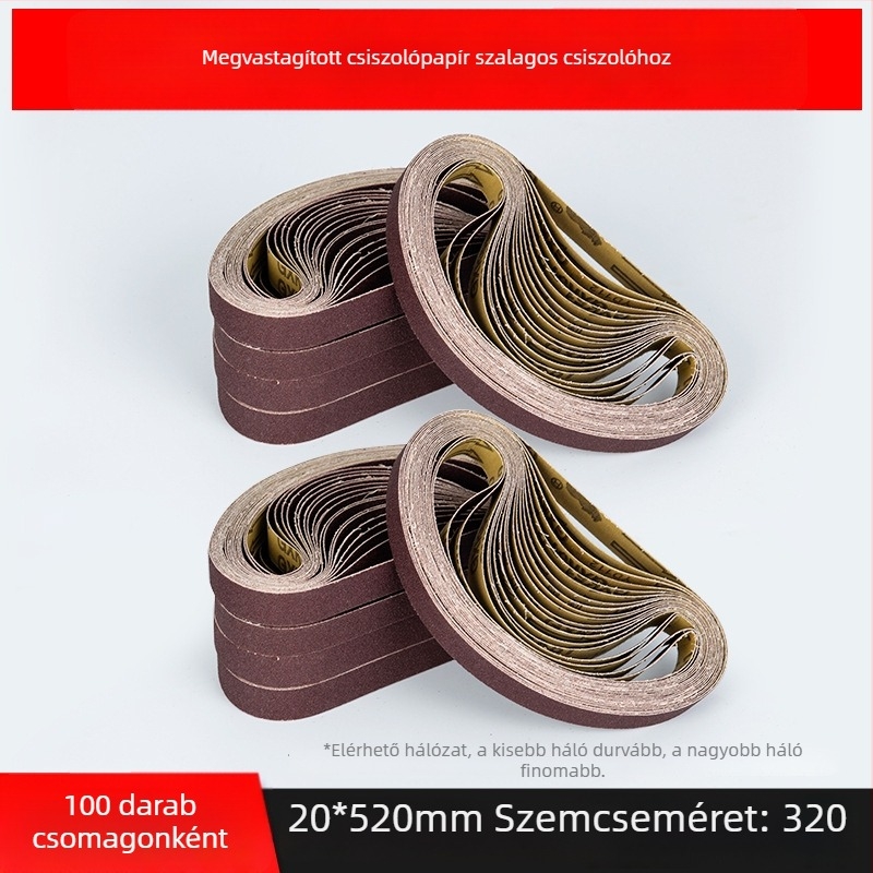 Csiszoló szalag a csiszoláshoz és polírozáshoz, barna korundum, méretek 330×10 mm és 520×20 mm, fémhez és fához