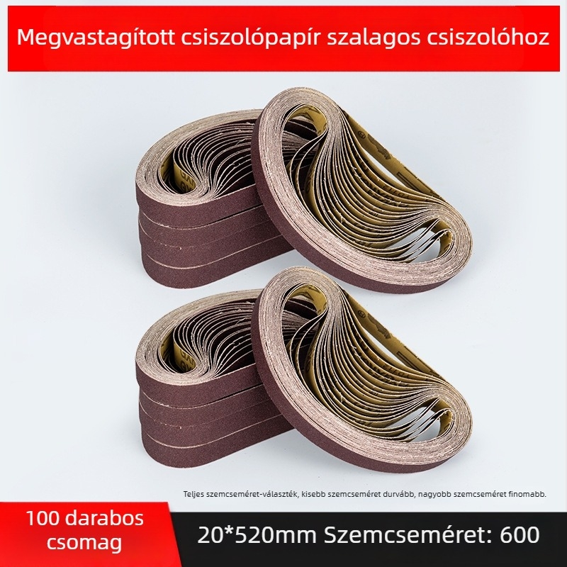 Csiszoló szalag a csiszoláshoz és polírozáshoz, barna korundum, méretek 330×10 mm és 520×20 mm, fémhez és fához