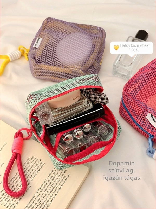 Dopamin hálós kozmetikai táska, hordozható nylon tároló, hálós béléssel, kis négyzetes rúzs tároló