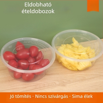 Egyszer használatos műanyag ételhordó – kerek tál ebédhez, átlátszó fedővel