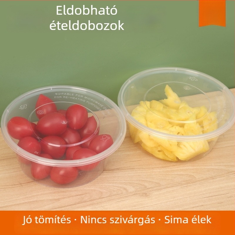 Egyszer használatos műanyag ételhordó – kerek tál ebédhez, átlátszó fedővel