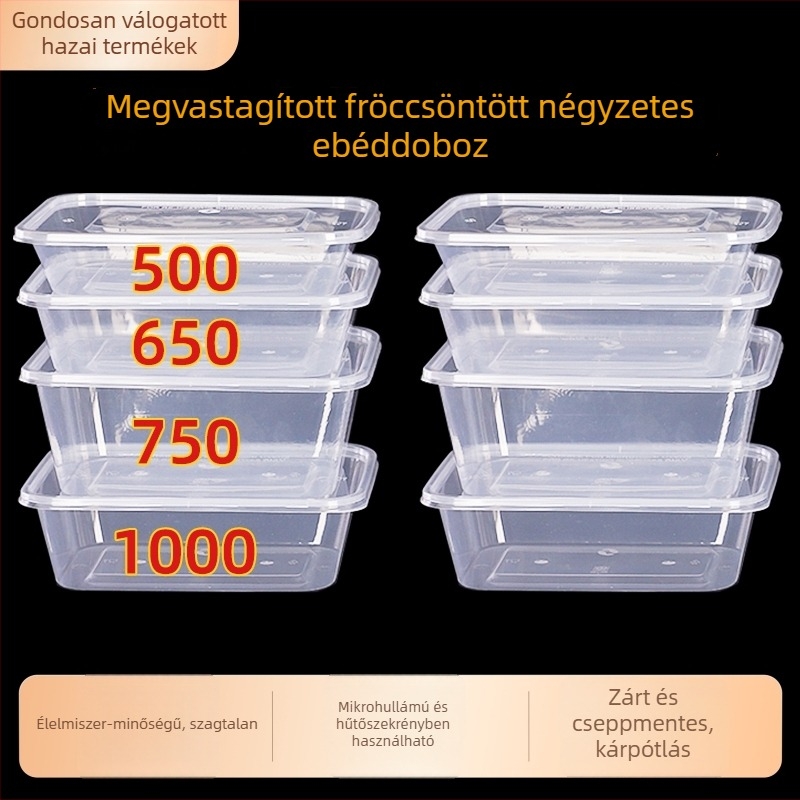 Hosszúkás egyszer használatos ételhordó doboz, átlátszó műanyag, élelmiszer-minőség, 300 darab