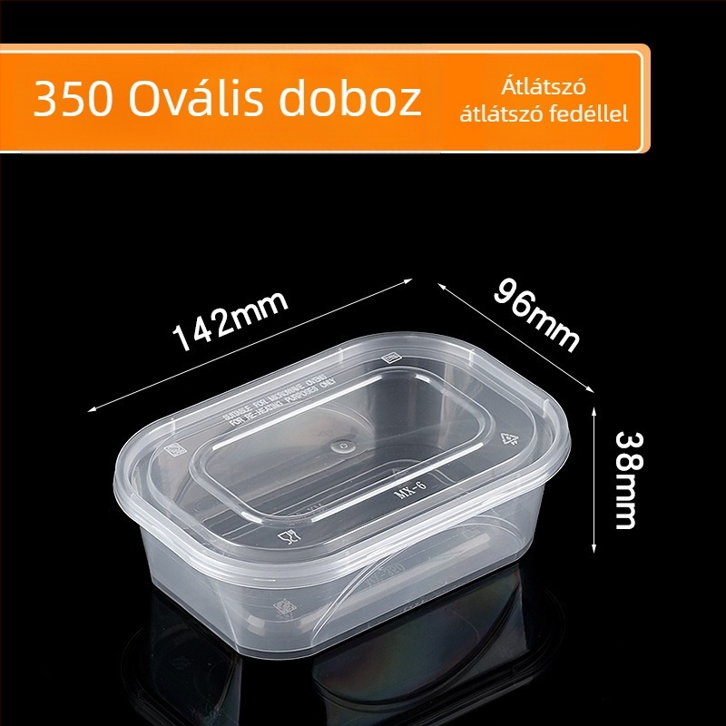 Hosszúkás egyszer használatos ételhordó doboz, átlátszó műanyag, élelmiszer-minőség, 300 darab