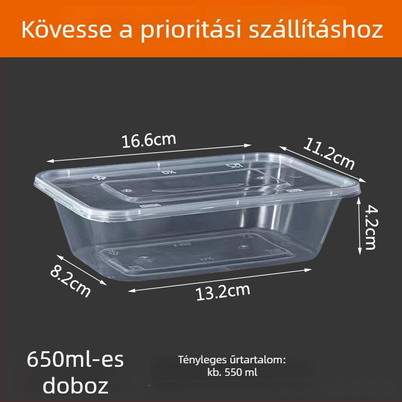 Hosszúkás egyszer használatos ételhordó doboz, átlátszó műanyag, élelmiszer-minőség, 300 darab