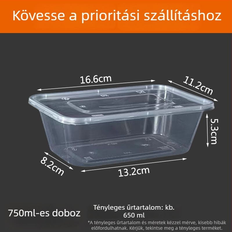 Hosszúkás egyszer használatos ételhordó doboz, átlátszó műanyag, élelmiszer-minőség, 300 darab