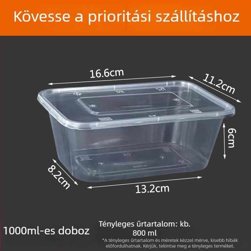 Hosszúkás egyszer használatos ételhordó doboz, átlátszó műanyag, élelmiszer-minőség, 300 darab