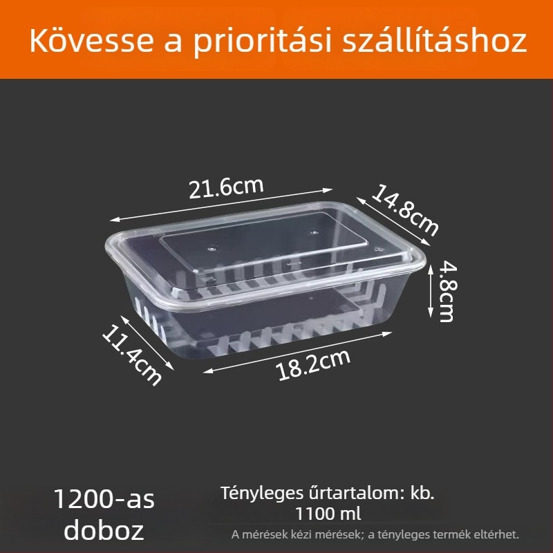 Hosszúkás egyszer használatos ételhordó doboz, átlátszó műanyag, élelmiszer-minőség, 300 darab