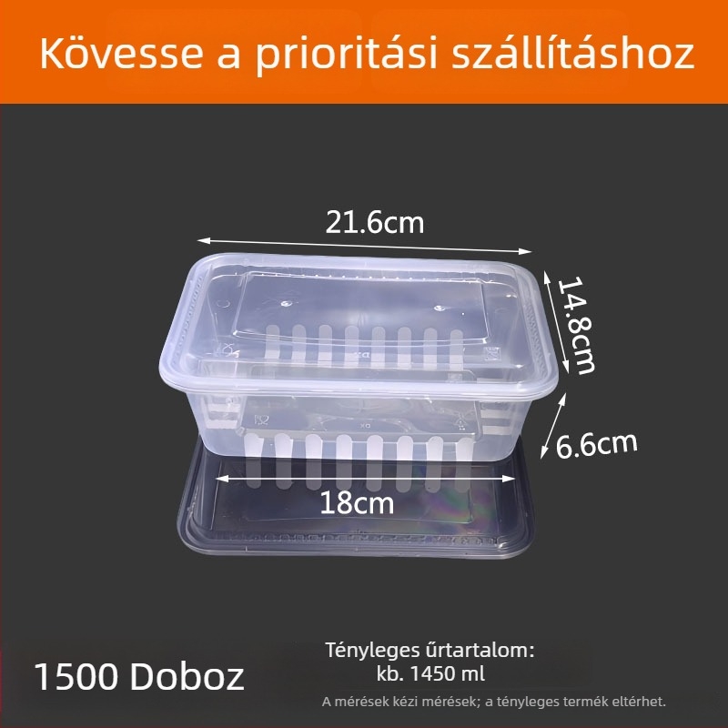 Hosszúkás egyszer használatos ételhordó doboz, átlátszó műanyag, élelmiszer-minőség, 300 darab