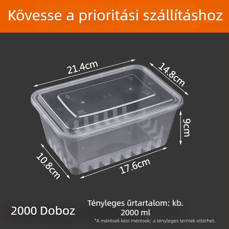 Hosszúkás egyszer használatos ételhordó doboz, átlátszó műanyag, élelmiszer-minőség, 300 darab