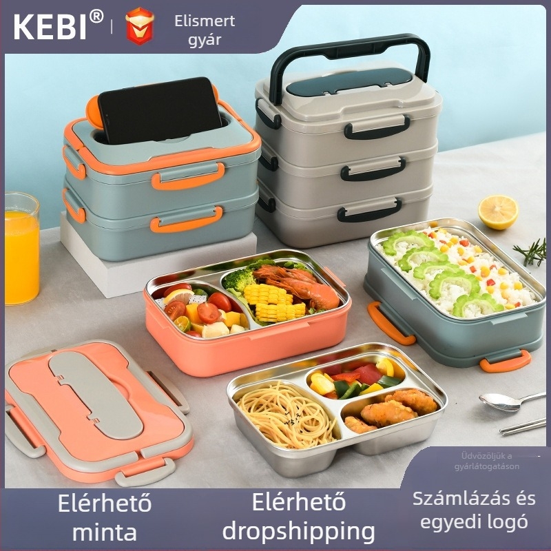 304 rozsdamentes acél ebédes doboz, két rétegű szigetelés, négyszögletes, fedéllel, hordozható
