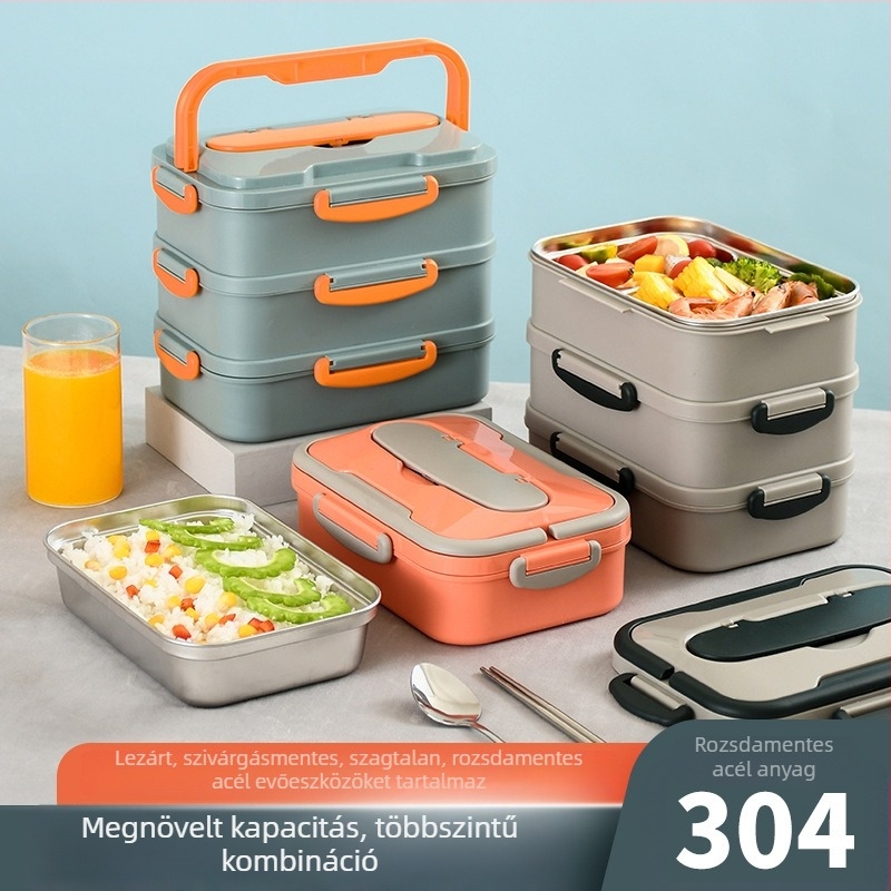 304 rozsdamentes acél ebédes doboz, két rétegű szigetelés, négyszögletes, fedéllel, hordozható