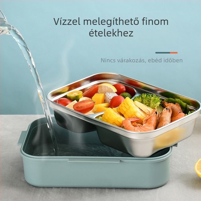 304 rozsdamentes acél ebédes doboz, két rétegű szigetelés, négyszögletes, fedéllel, hordozható