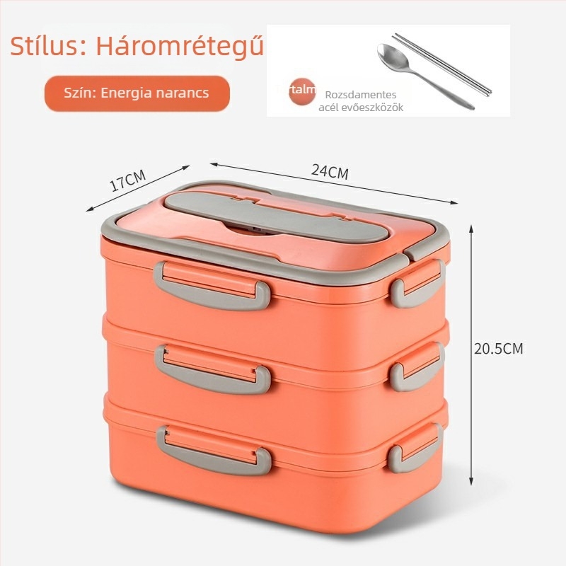 304 rozsdamentes acél ebédes doboz, két rétegű szigetelés, négyszögletes, fedéllel, hordozható