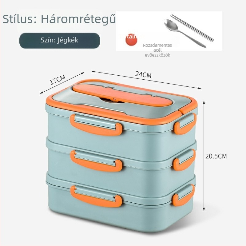 304 rozsdamentes acél ebédes doboz, két rétegű szigetelés, négyszögletes, fedéllel, hordozható