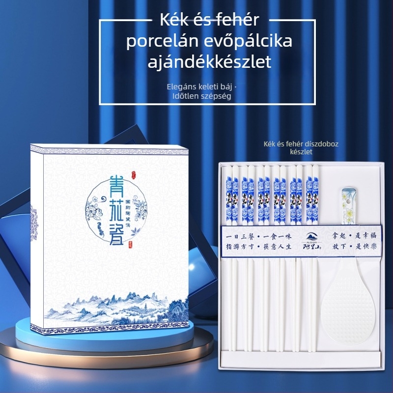 Kék‑fehér kerámia evőpálcikák, 10 pár, csontporcelánból, penészmentes és deformációálló ajándéktárgy
