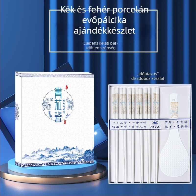 Kék‑fehér kerámia evőpálcikák, 10 pár, csontporcelánból, penészmentes és deformációálló ajándéktárgy