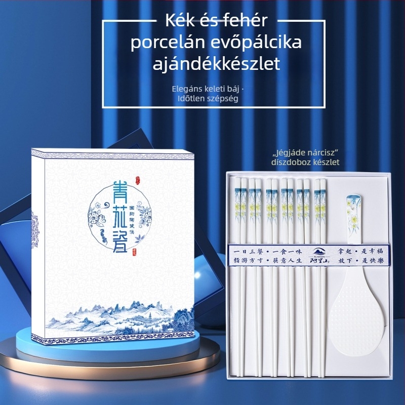 Kék‑fehér kerámia evőpálcikák, 10 pár, csontporcelánból, penészmentes és deformációálló ajándéktárgy