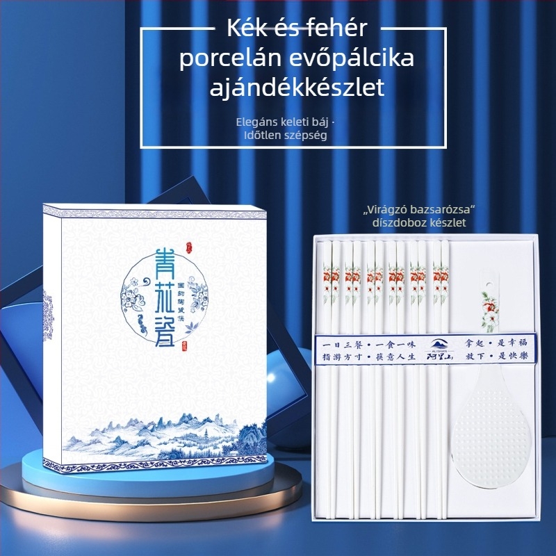 Kék‑fehér kerámia evőpálcikák, 10 pár, csontporcelánból, penészmentes és deformációálló ajándéktárgy
