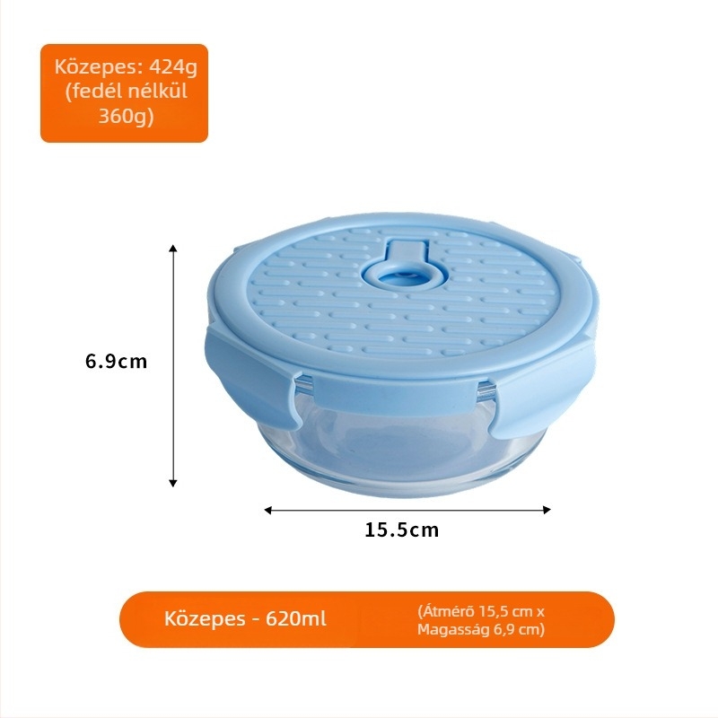 Kör alakú üveg ebédes doboz, mikróbarát, élelmiszerbiztonsági minőségű, zárt fedél ventilált résszel, gyümölcs Bento doboz irodai használatra