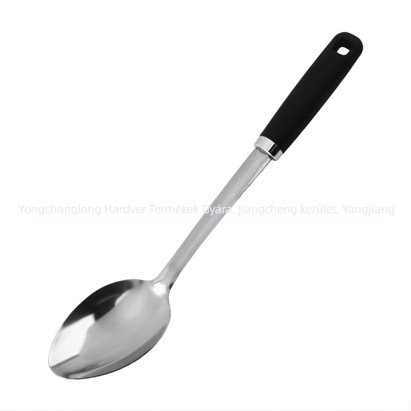 Vastagított rozsdamentes acél spatula készlet hőálló műanyag nyéllel, tartalmaz leveskanalat és lyukas kanalat