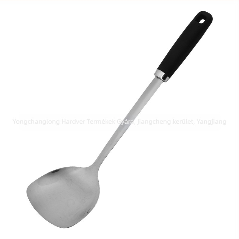 Vastagított rozsdamentes acél spatula készlet hőálló műanyag nyéllel, tartalmaz leveskanalat és lyukas kanalat