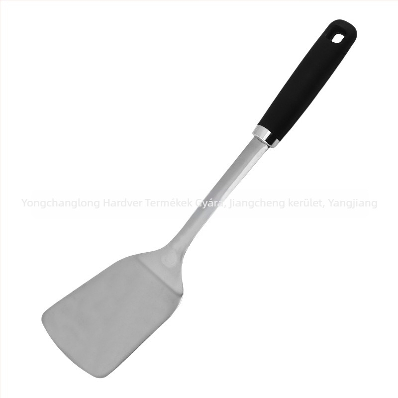 Vastagított rozsdamentes acél spatula készlet hőálló műanyag nyéllel, tartalmaz leveskanalat és lyukas kanalat