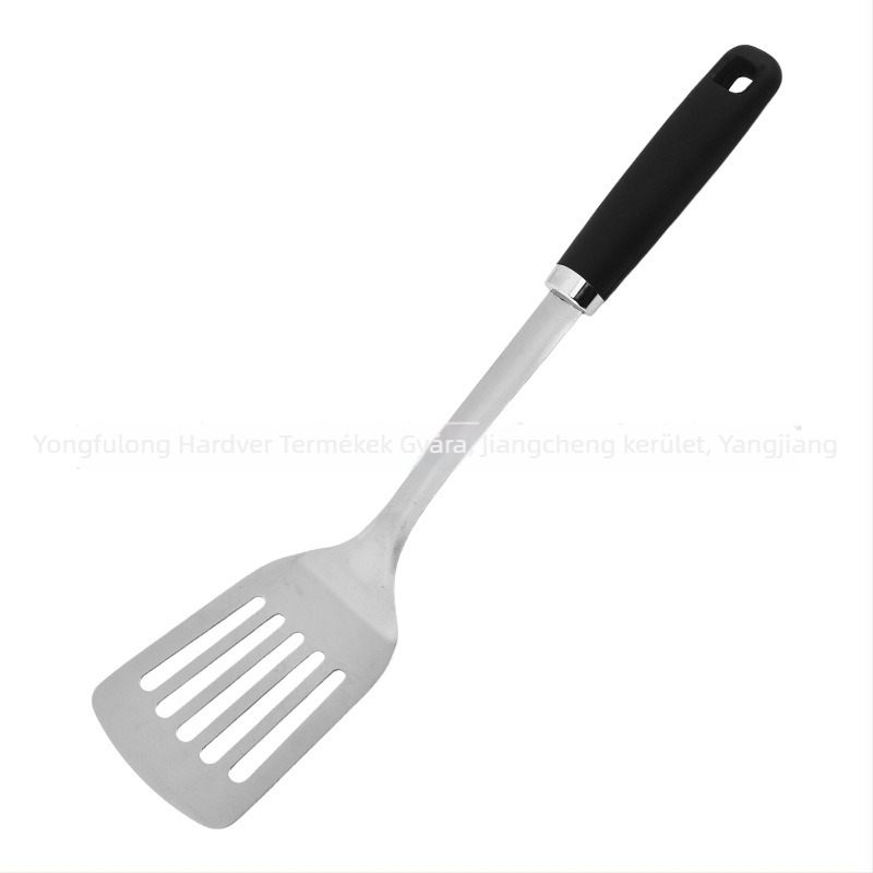 Vastagított rozsdamentes acél spatula készlet hőálló műanyag nyéllel, tartalmaz leveskanalat és lyukas kanalat