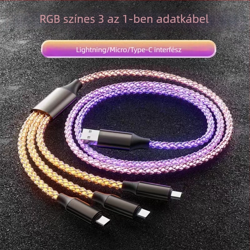 6A PD gyorstöltéses, színes RGB USB-C adatkábel három az egyben csatlakozóval