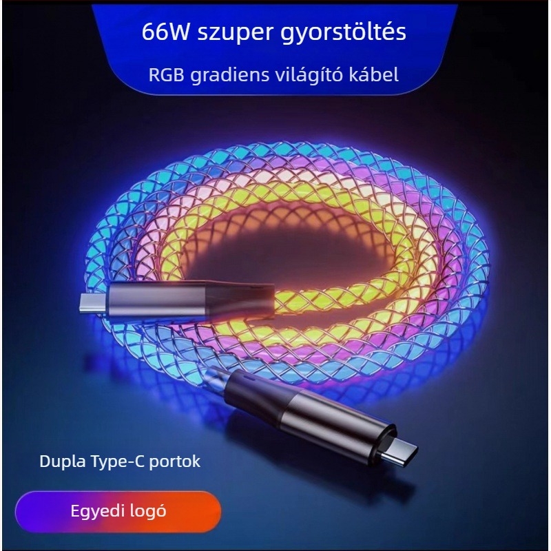 6A PD gyorstöltéses, színes RGB USB-C adatkábel három az egyben csatlakozóval