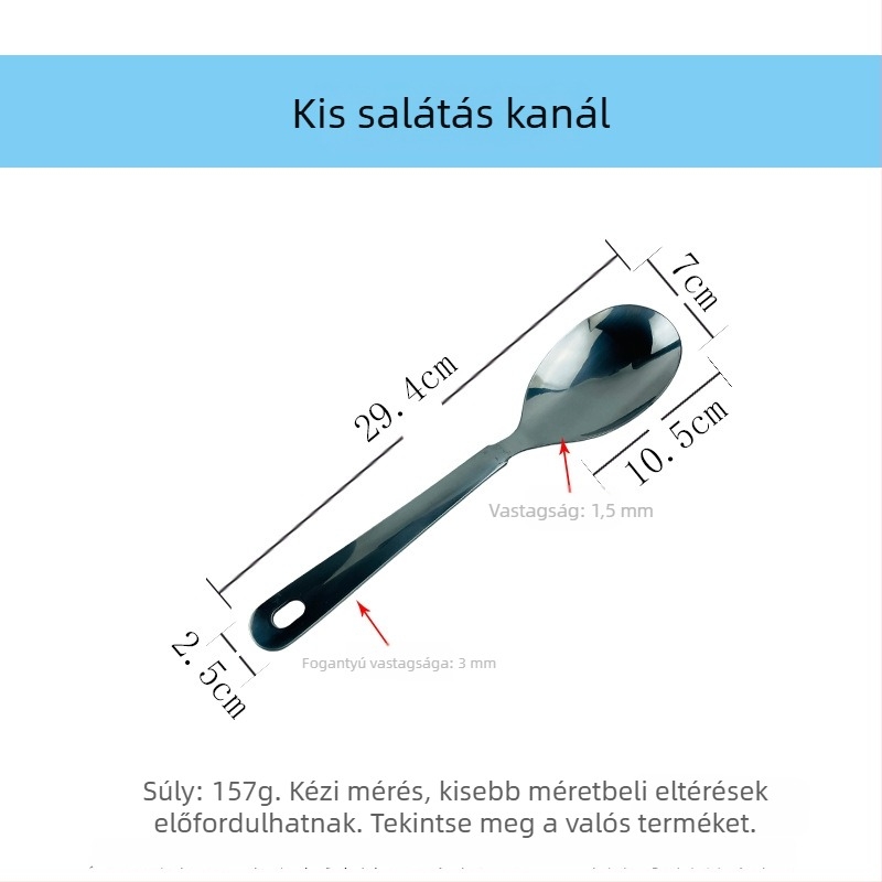 Rozsdamentes acélból készült saláta tálalókészlet: tálalókanál, saláta villa, tálaló villa, tálaló szűrő
