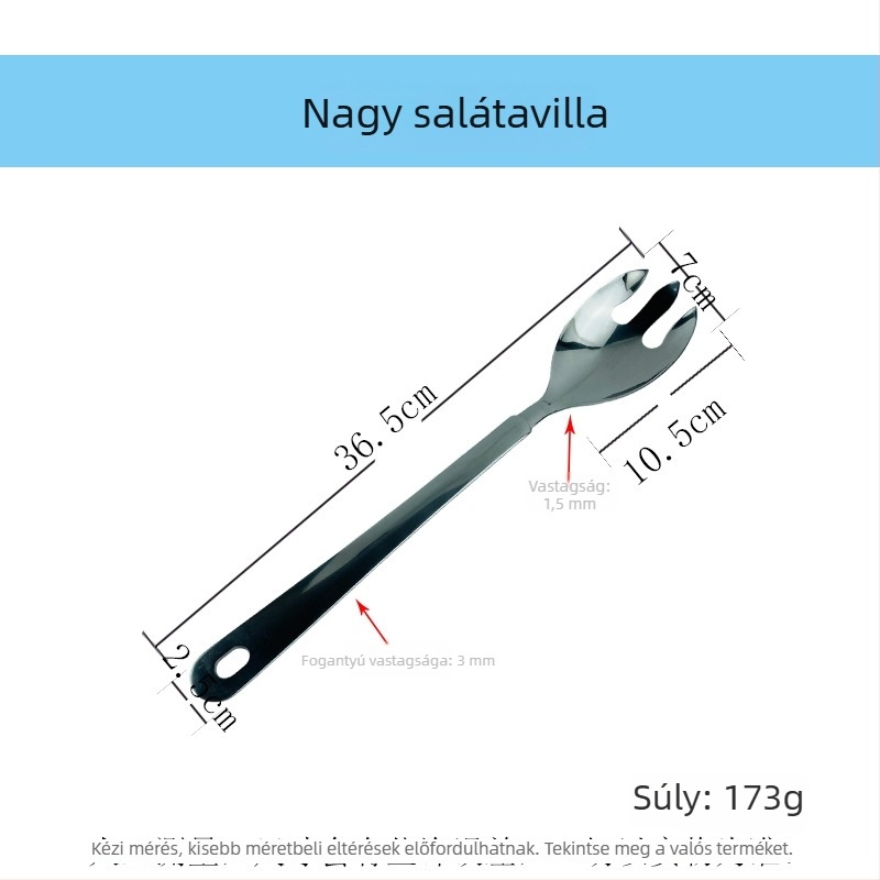 Rozsdamentes acélból készült saláta tálalókészlet: tálalókanál, saláta villa, tálaló villa, tálaló szűrő