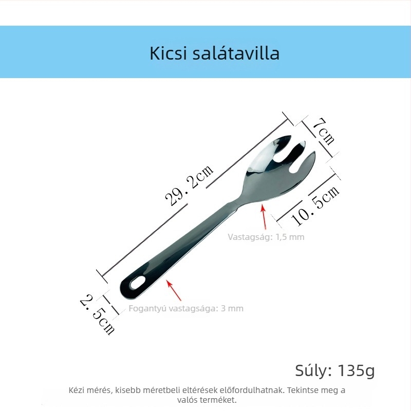 Rozsdamentes acélból készült saláta tálalókészlet: tálalókanál, saláta villa, tálaló villa, tálaló szűrő