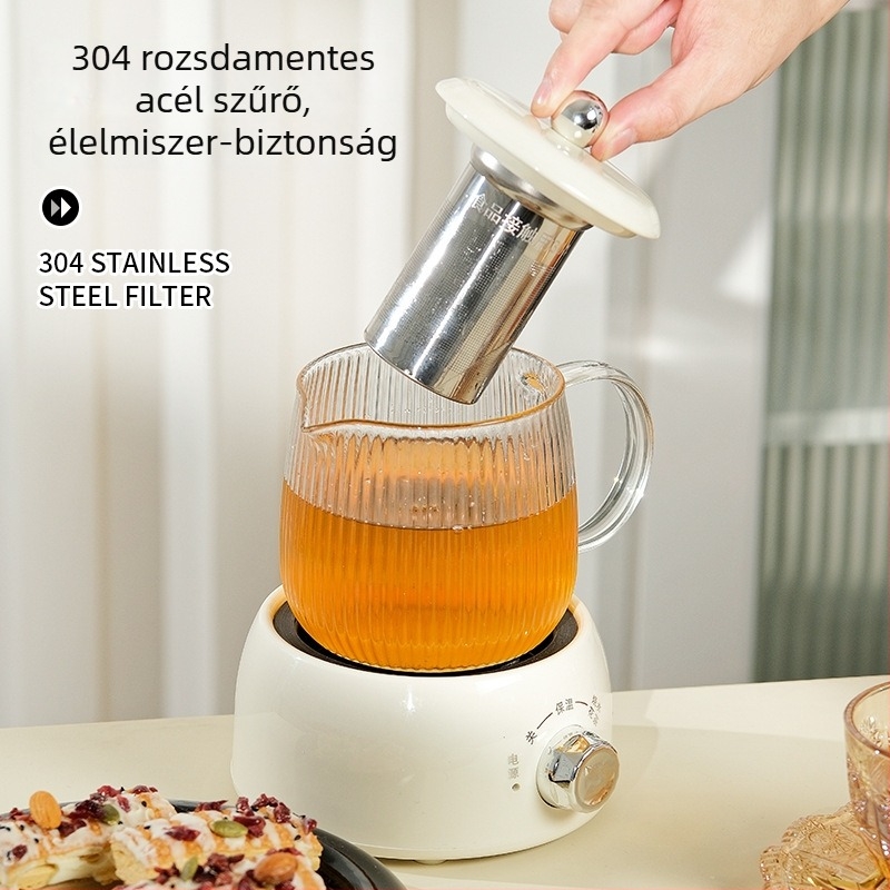 Üvegből készült elektromos teáskanna, 600 ml, otthoni és irodai használatra, teakeverő és infúziós funkcióval
