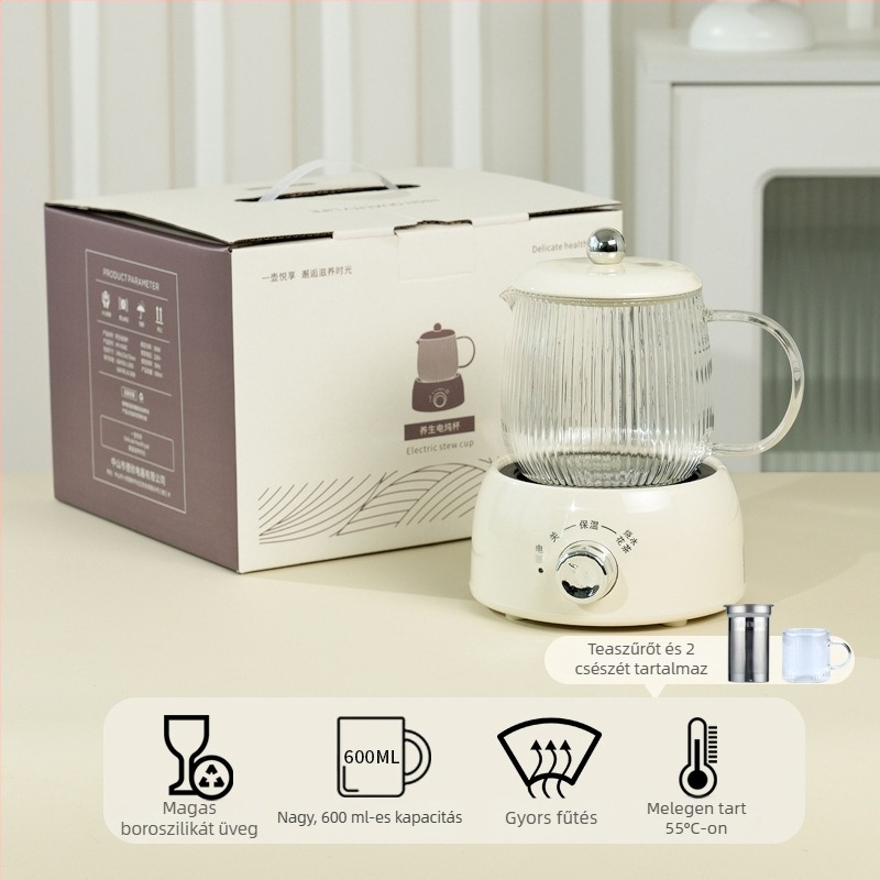 Üvegből készült elektromos teáskanna, 600 ml, otthoni és irodai használatra, teakeverő és infúziós funkcióval