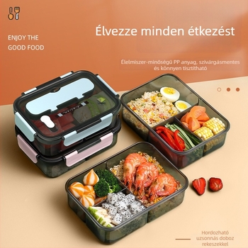 Zárt műanyag uzsonnás doboz szigetelt rekeszekkel és fedővel, nagy kapacitású élelmiszer-minőségű, hordozható, téglalap alakú, 1-2 L, mikrohullámú sütőben használható, szivárgásmentes, egyrétegű
