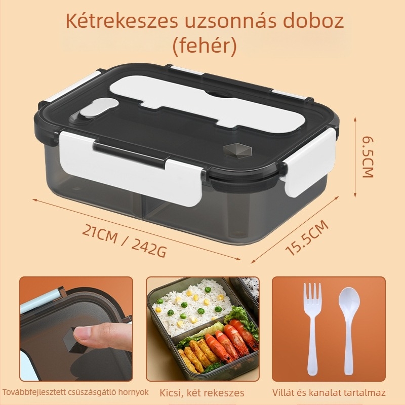 Zárt műanyag uzsonnás doboz szigetelt rekeszekkel és fedővel, nagy kapacitású élelmiszer-minőségű, hordozható, téglalap alakú, 1-2 L, mikrohullámú sütőben használható, szivárgásmentes, egyrétegű