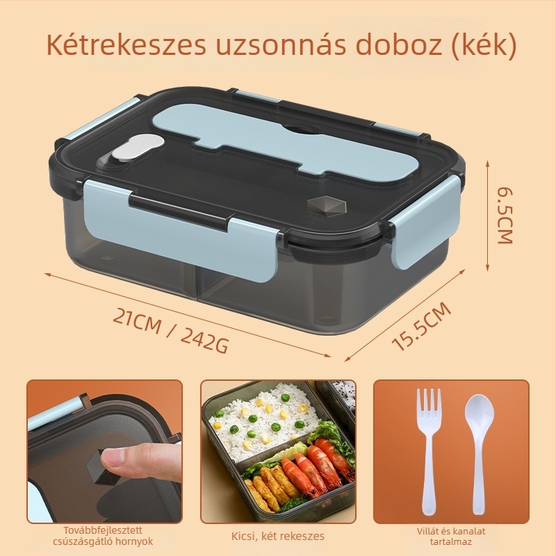 Zárt műanyag uzsonnás doboz szigetelt rekeszekkel és fedővel, nagy kapacitású élelmiszer-minőségű, hordozható, téglalap alakú, 1-2 L, mikrohullámú sütőben használható, szivárgásmentes, egyrétegű