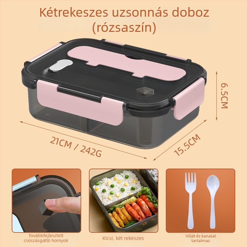 Zárt műanyag uzsonnás doboz szigetelt rekeszekkel és fedővel, nagy kapacitású élelmiszer-minőségű, hordozható, téglalap alakú, 1-2 L, mikrohullámú sütőben használható, szivárgásmentes, egyrétegű